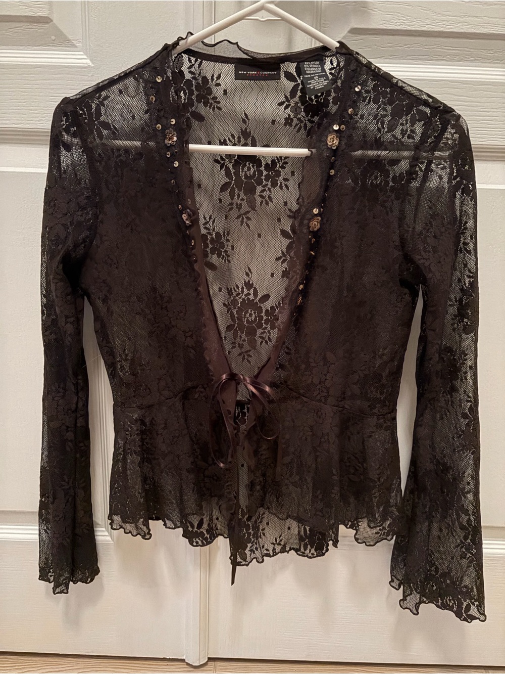 New York & Company Brown Sheer Lace Tie-Front Coverup